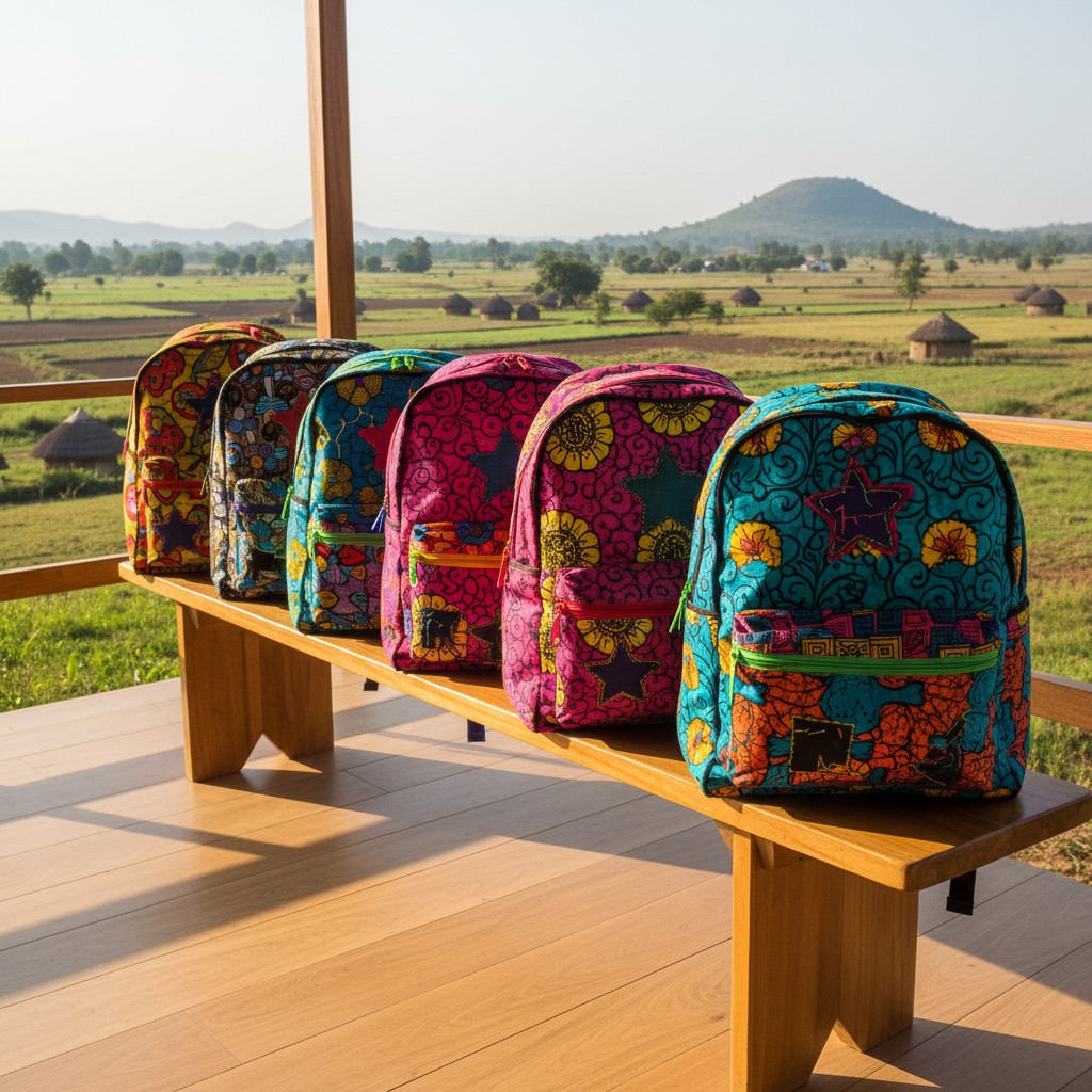 Five vibrant backpacks arranged in a row on a wooden bench in front of a picturesque green landscape.