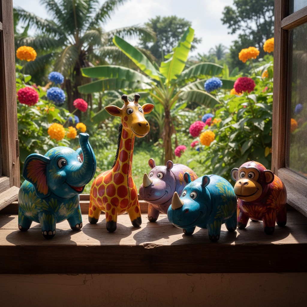 A collection of colorful ceramic animals in front of a tropical background, with flowers and palm trees visible through a ...