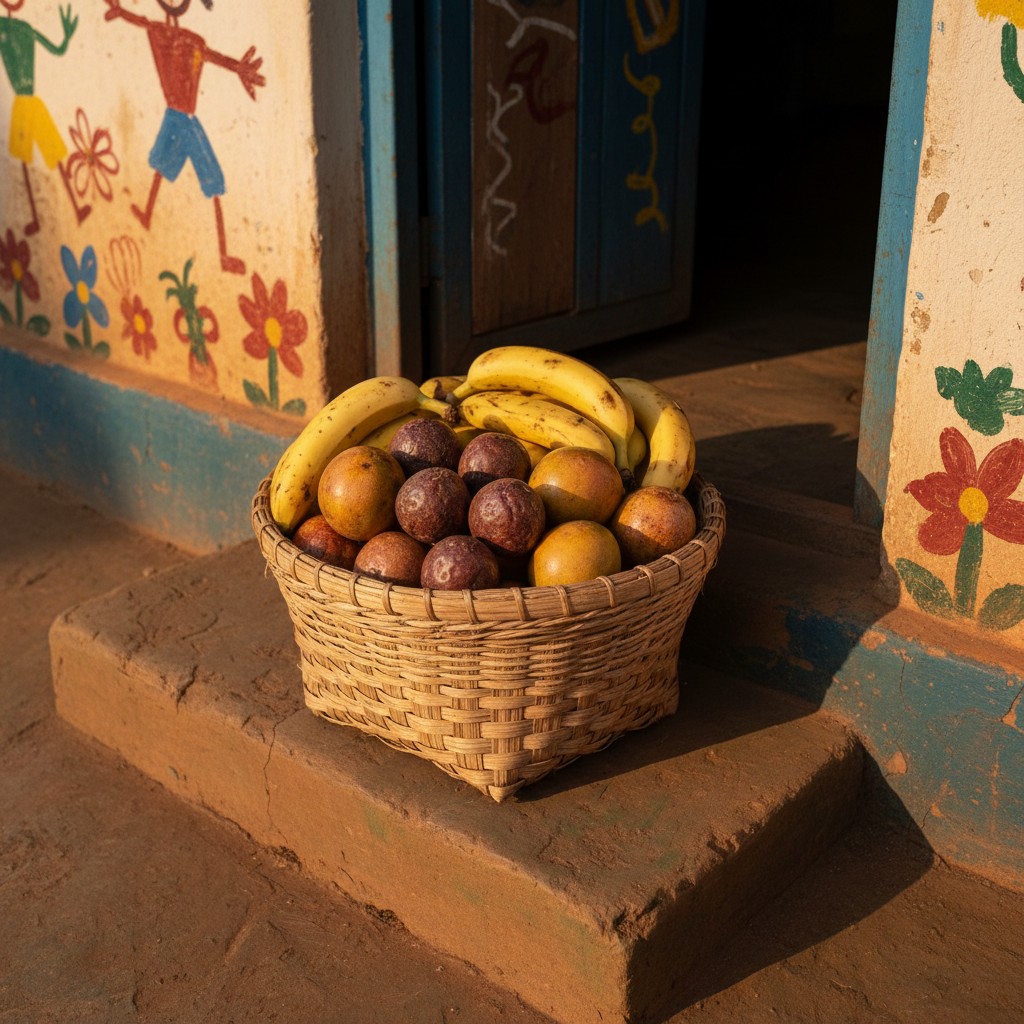 A wicker basket sits on a mud-brick ledge, left of a doorway, filled with both a few brightly yellow bananas and various s...