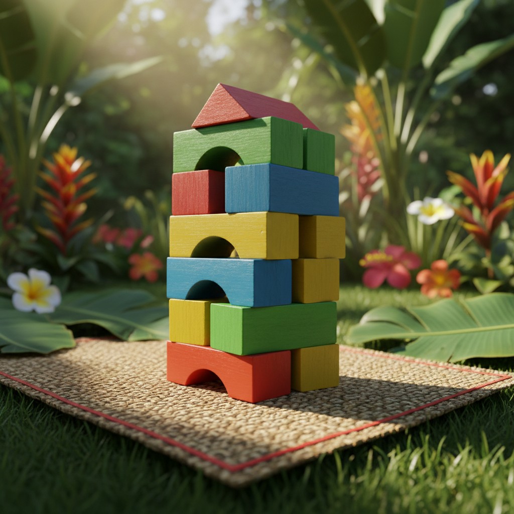 title Stack of colorful blocks. Outdoor garden, grass or turf base.