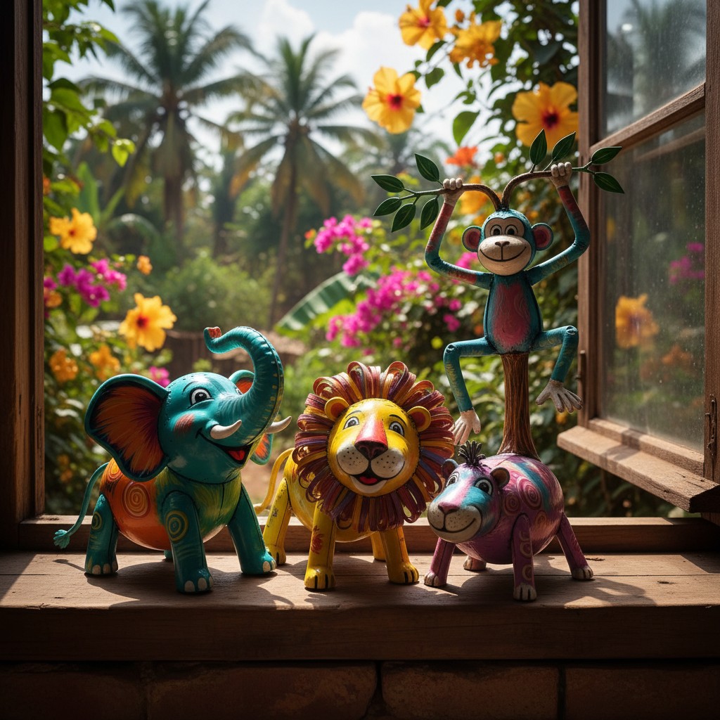 An image of three colorful animal figurines on a window sill. From left to right: a turquoise elephant, a yellow lion, and...