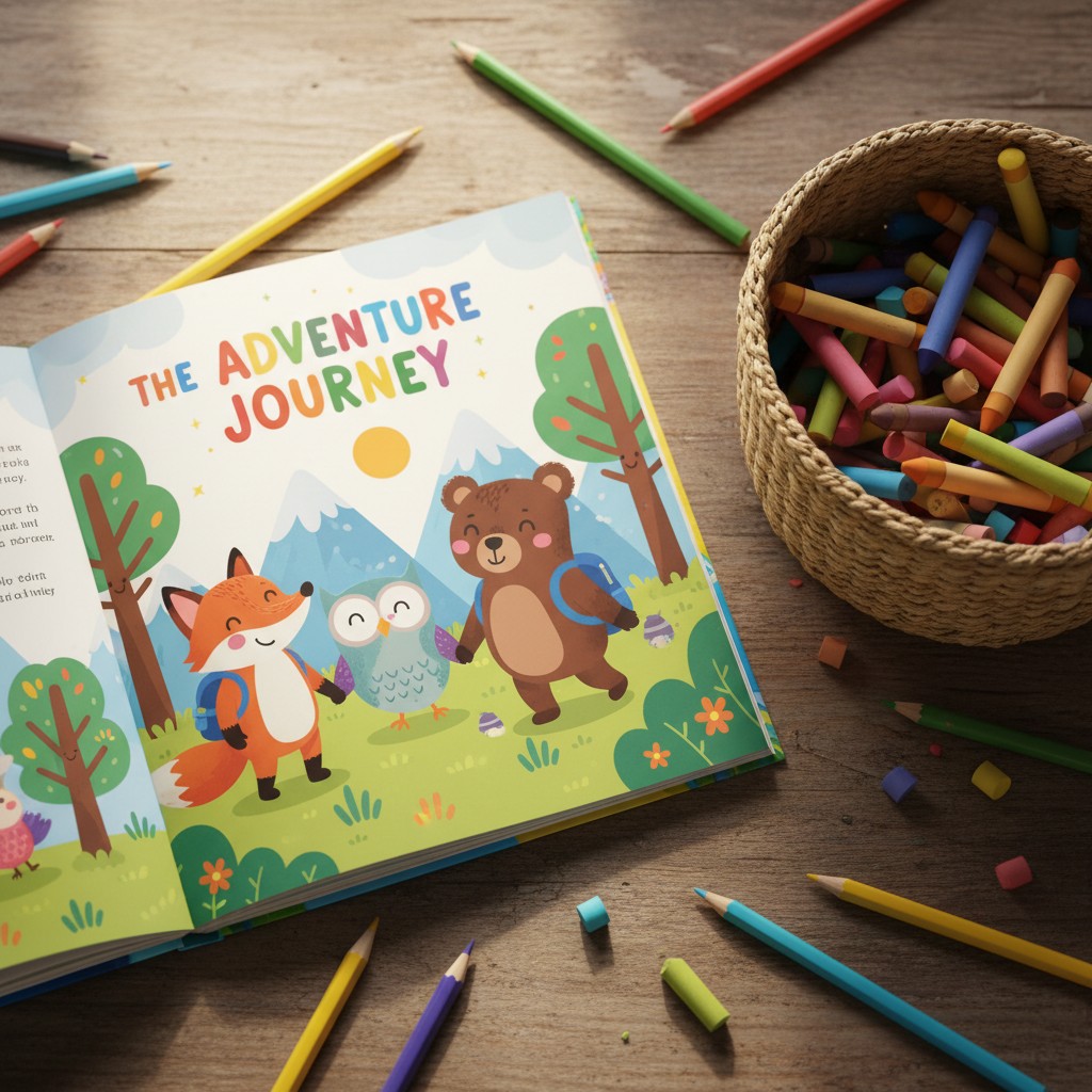 The image shows a children's picture book featuring an orange fox and brown bear holding paws, next to an owl, titled "The...